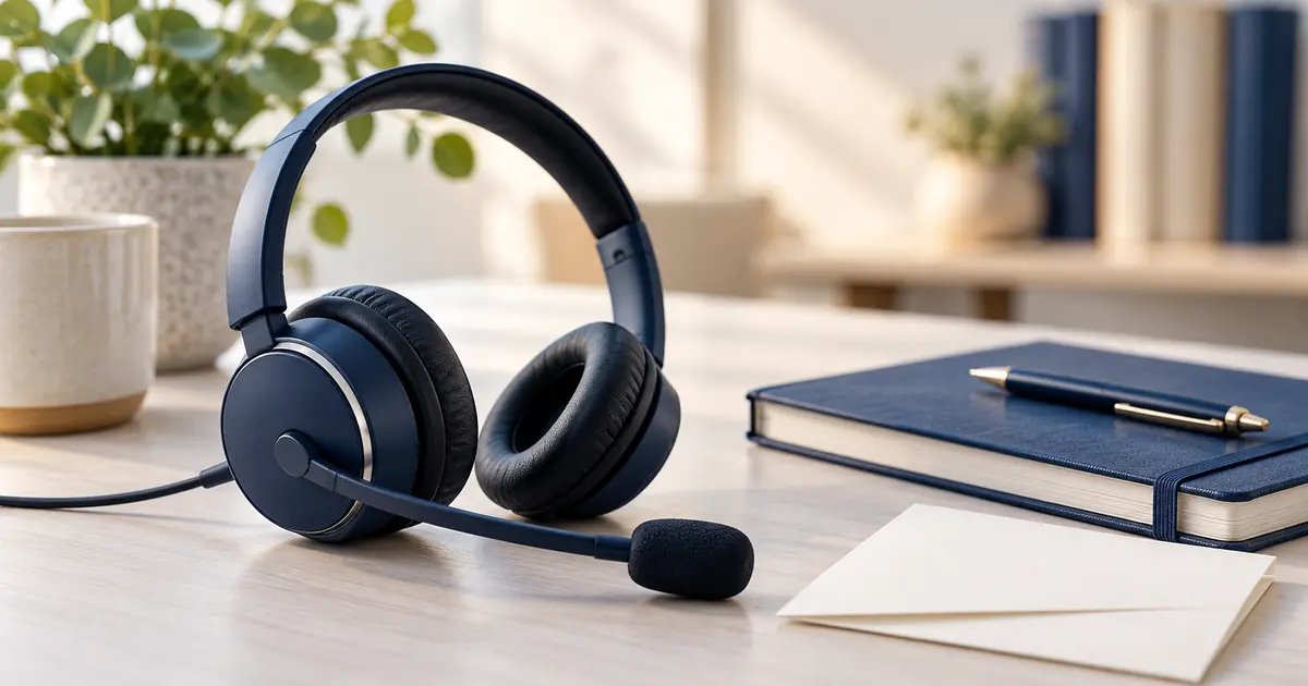 Ilustrasi headset, buku catatan, dan pulpen untuk halaman kontak dan bantuan.