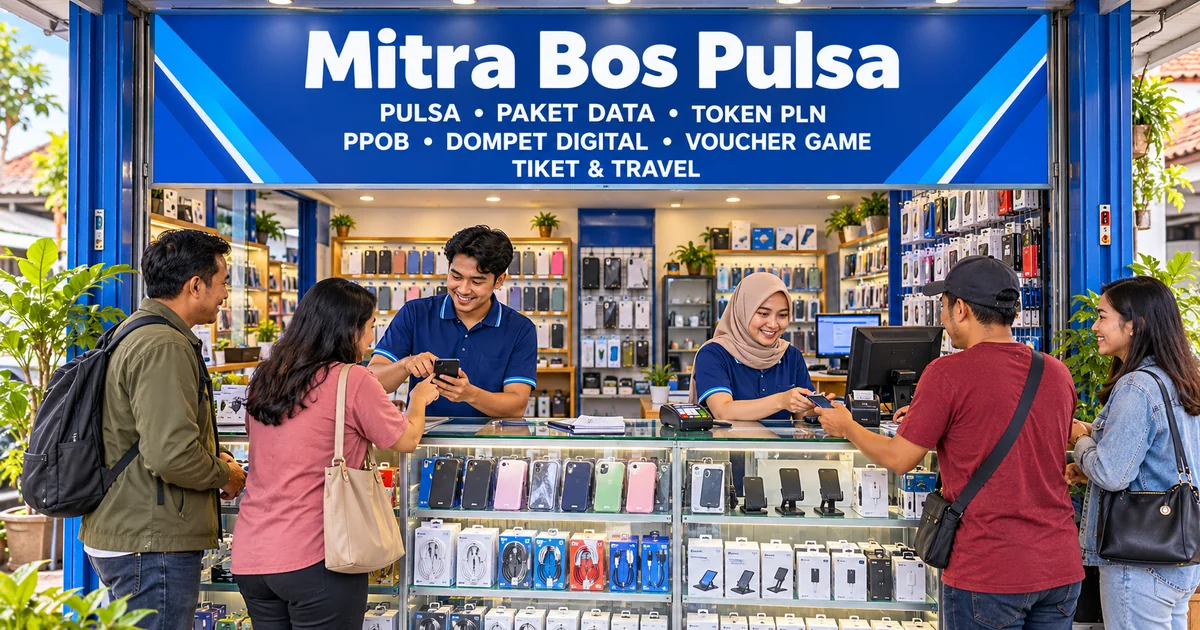 Ilustrasi konter Mitra Bos Pulsa dengan pelanggan, etalase aksesori, dan spanduk pulsa, paket data, token PLN, PPOB, dompet digital, voucher game, tiket dan travel.