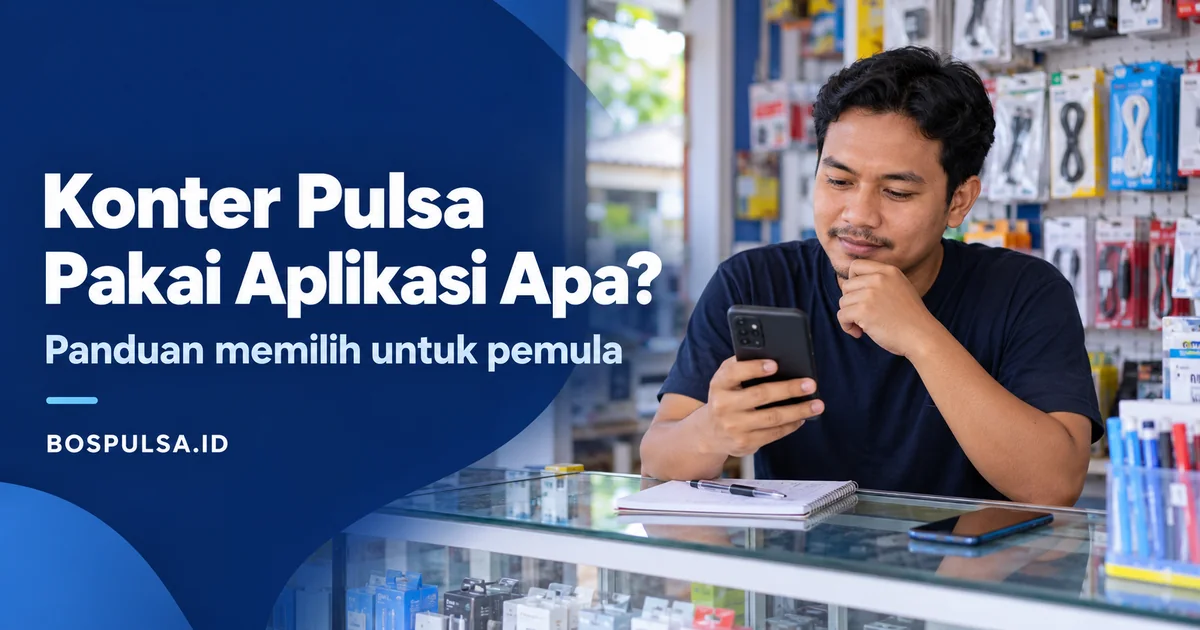 Ilustrasi pemilik konter mempertimbangkan aplikasi untuk usaha pulsa dan paket data.