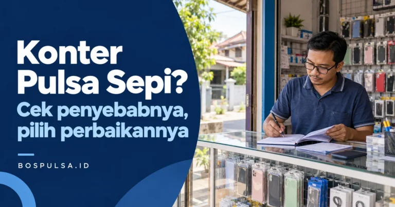 Ilustrasi pemilik konter pulsa memeriksa catatan usaha saat belum ada pelanggan.