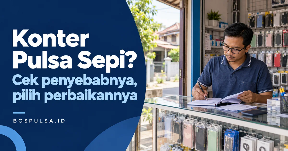 Ilustrasi pemilik konter pulsa memeriksa catatan usaha saat belum ada pelanggan.