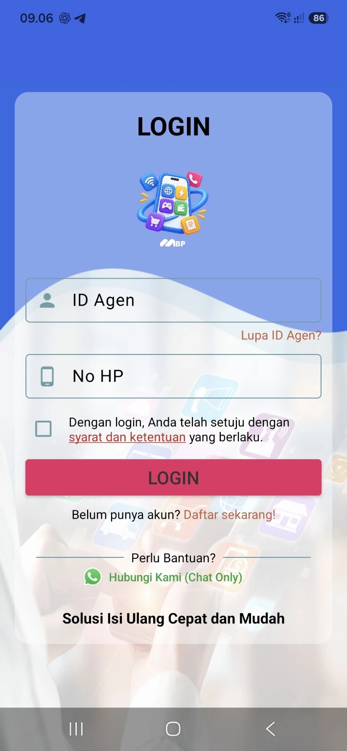 Layar login BOS PULSA Android berisi ID Agen, No HP, Lupa ID Agen, persetujuan, LOGIN, dan Daftar sekarang.