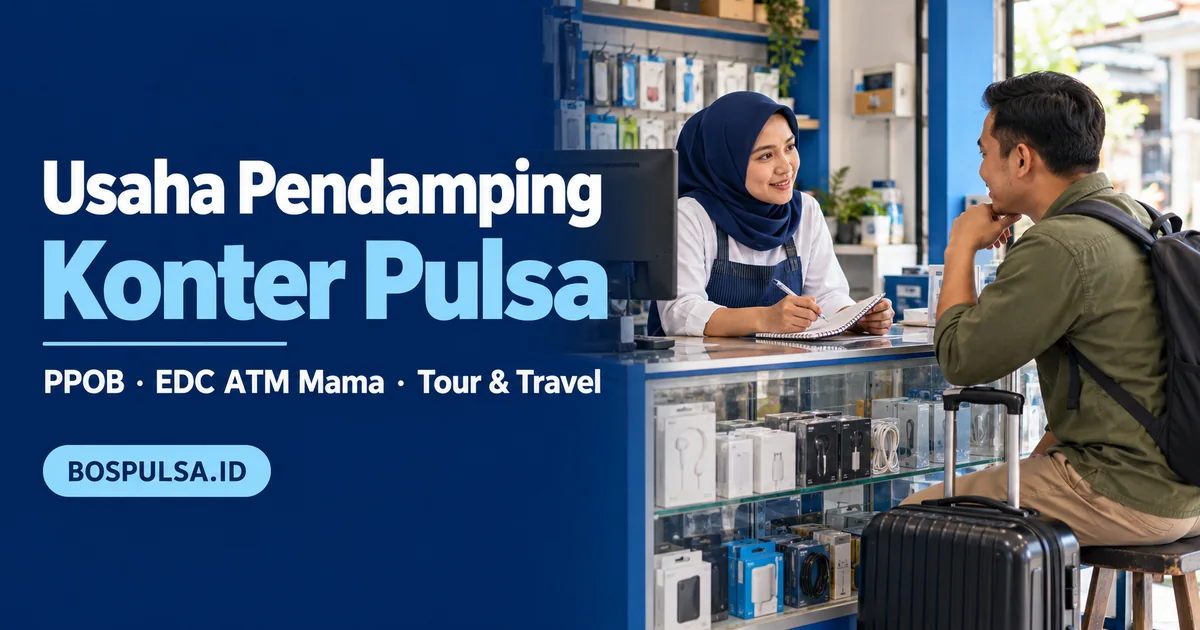 Ilustrasi pemilik konter melayani pelanggan untuk pengembangan usaha PPOB, EDC ATM Mama, dan Tour & Travel.